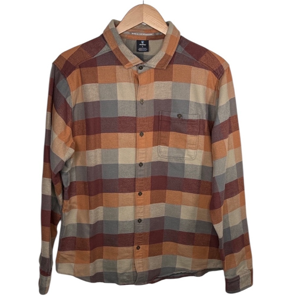 Kuhl Pixelatr Orange Brown Flannel Button Up Shirt Men Size L